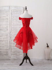 Red Tulle Lace Off Shoulder Short Corset Prom Dress, Red Corset Homecoming Dress outfit, Prom