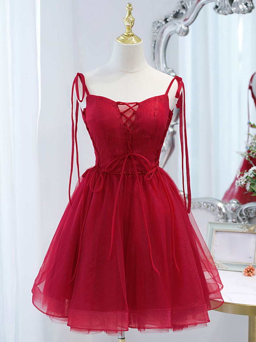 Red Tulle Lace Short Corset Prom Dress Red Lace Puffy Corset Homecoming Dress outfit, Bridesmaid Dress Dusty Blue