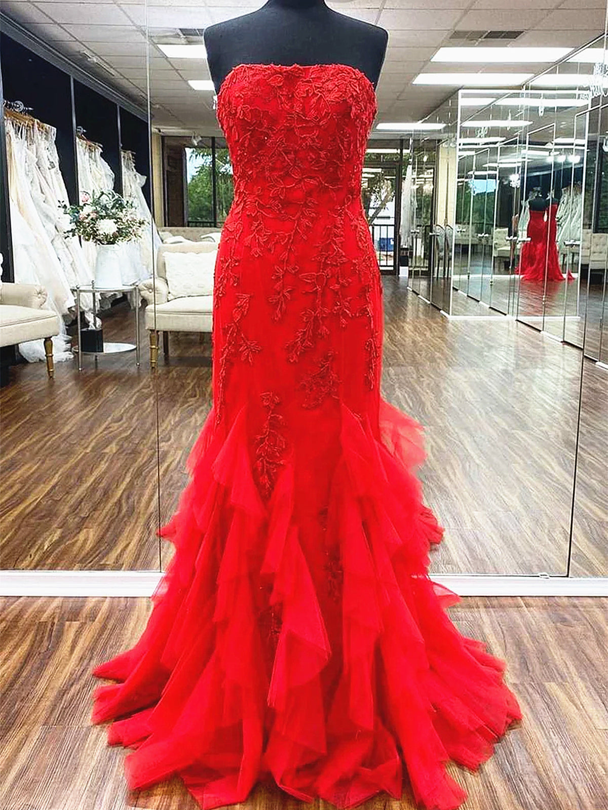 Red Tulle Ruffle Lace Mermaid Corset Prom Dresses, Red Lace Ruffle Mermaid Long Corset Formal Evening Dresses outfit, Bridesmaid Dress Pink
