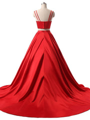 Red Two Pieces Satin Long Corset Prom Dress, Red Satin Corset Formal Evening Dress outfit, Homecoming Dresses Cute