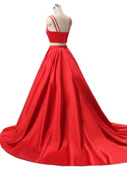 Red Two Pieces Satin Long Corset Prom Dress, Red Satin Corset Formal Evening Dress outfit, Homecoming Dress Cute