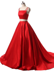 Red Two Pieces Satin Long Corset Prom Dress, Red Satin Corset Formal Evening Dress outfit, Homecoming Dress Inspo