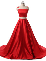 Red Two Pieces Satin Long Corset Prom Dress, Red Satin Corset Formal Evening Dress outfit, Homecomming Dresses Cute