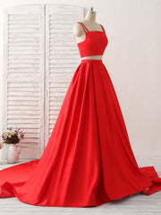 Red Two Pieces Satin Long Corset Prom Dress Simple Red Evening Dress outfit, Prom Inspo