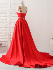 Red Two Pieces Satin Long Corset Prom Dress Simple Red Evening Dress outfit, Debutant Dress