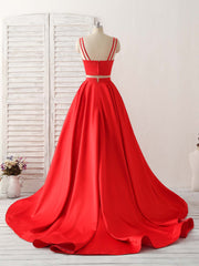 Red Two Pieces Satin Long Corset Prom Dress Simple Red Evening Dress outfit, Royal Dress