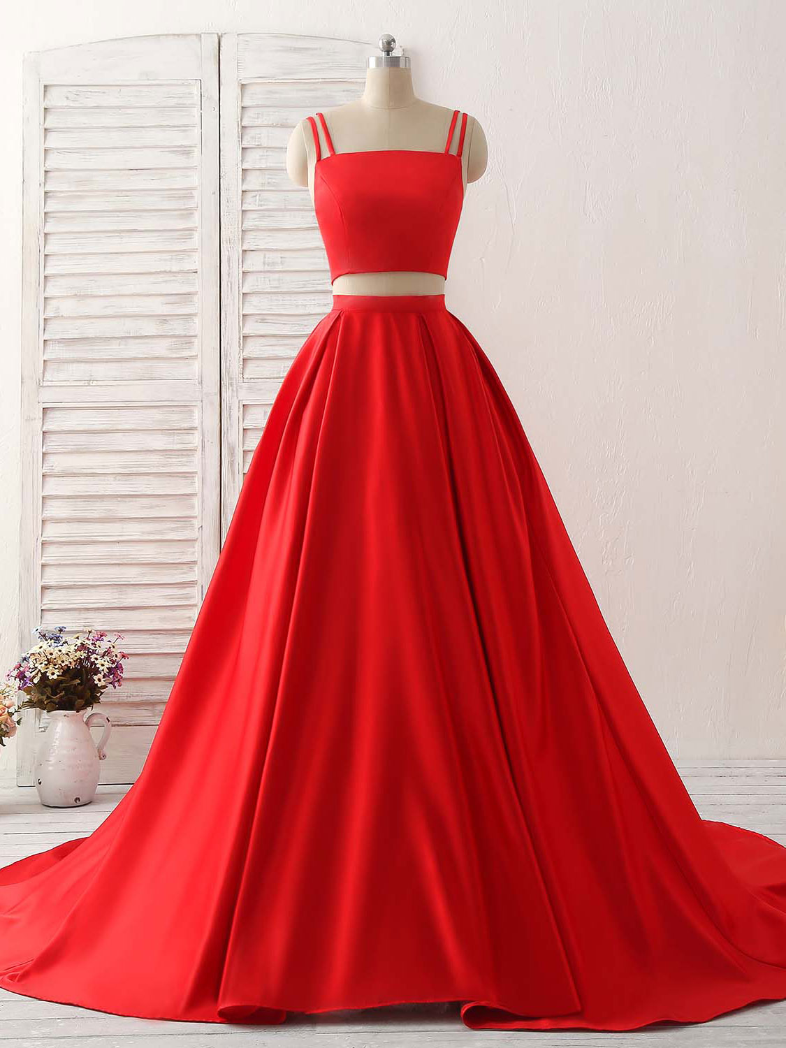 Red Two Pieces Satin Long Corset Prom Dress Simple Red Evening Dress outfit, Cocktail Dress Prom
