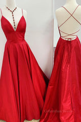 Red v neck backless satin long Corset Prom dress red evening dress outfit, Homecoming Dresses Business Casual Outfits