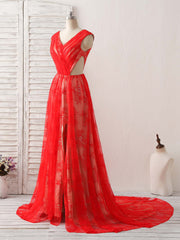 Red V Neck Lace Long Corset Prom Dress, Lace Evening Dress outfit, Formal Dresses Shops