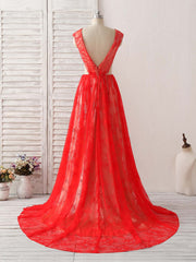 Red V Neck Lace Long Corset Prom Dress, Lace Evening Dress outfit, Formal Dress Shop