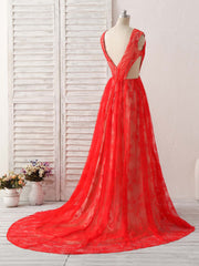 Red V Neck Lace Long Corset Prom Dress, Lace Evening Dress outfit, Formal Dress Shops