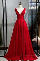 Red v neck satin long Corset Prom dress simple red evening dress outfit, Homecoming Dress With Sleeves