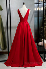 Red v neck satin long Corset Prom dress simple red evening dress outfit, Homecomming Dresses With Sleeves