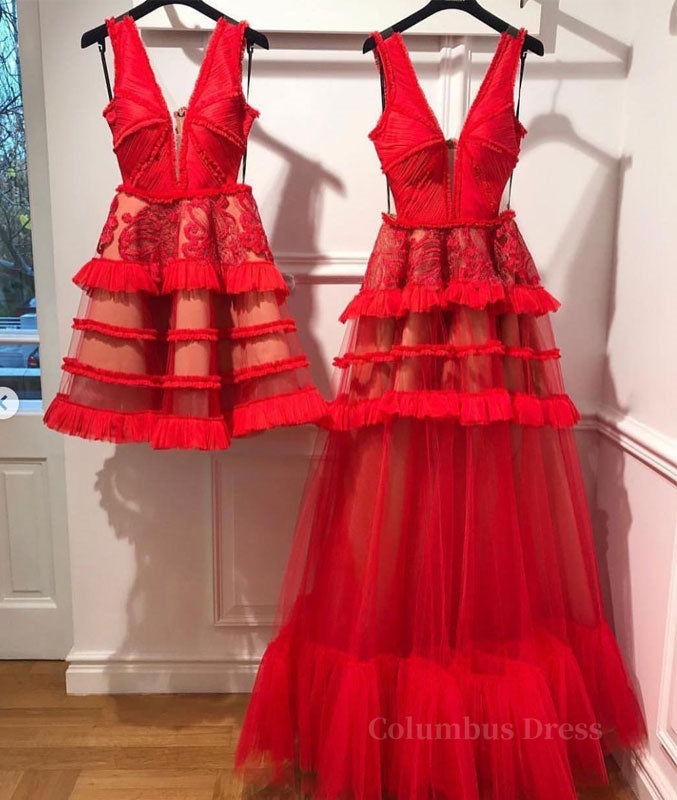 Red v neck tulle long Corset Prom dress, red tulle evening dress outfit, Red Gown
