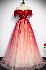 Red Off the Shoulder Long Tulle Corset Prom Dress with Beading, Party Gown with Sequins Gowns, Party Dress Code Ideas
