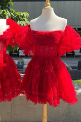 Red Tulle Puff Sleeves Ruffles Tulle Corset Homecoming Dress outfit, Party Dresses Online