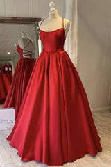 Red Satin Spaghetti Straps Long Corset Prom Dress, Puffy Princess Corset Formal Gown outfit, Dinner Outfit