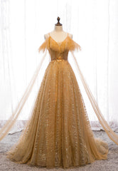 Gold V-Neck Tulle Long Corset Prom Dresses, A-Line Evening Dresses outfit, Prom Dresses Long Sleeves