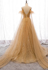 Gold V-Neck Tulle Long Corset Prom Dresses, A-Line Evening Dresses outfit, Prom Dresses Floral