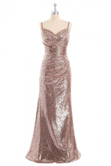 Rose Gold Sequin Mermaid Straps Long Corset Bridesmaid Dress outfit, Bridesmaids Dresses Short