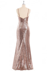Rose Gold Sequin Mermaid Straps Long Corset Bridesmaid Dress outfit, Bridesmaid Dress Short
