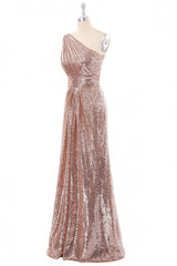 Rose Gold Sequin One Shoulder Long Corset Bridesmaid Dress outfit, Bridal Dress