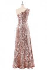 Rose Gold Sequin One Shoulder Long Corset Bridesmaid Dress outfit, Prom Gown