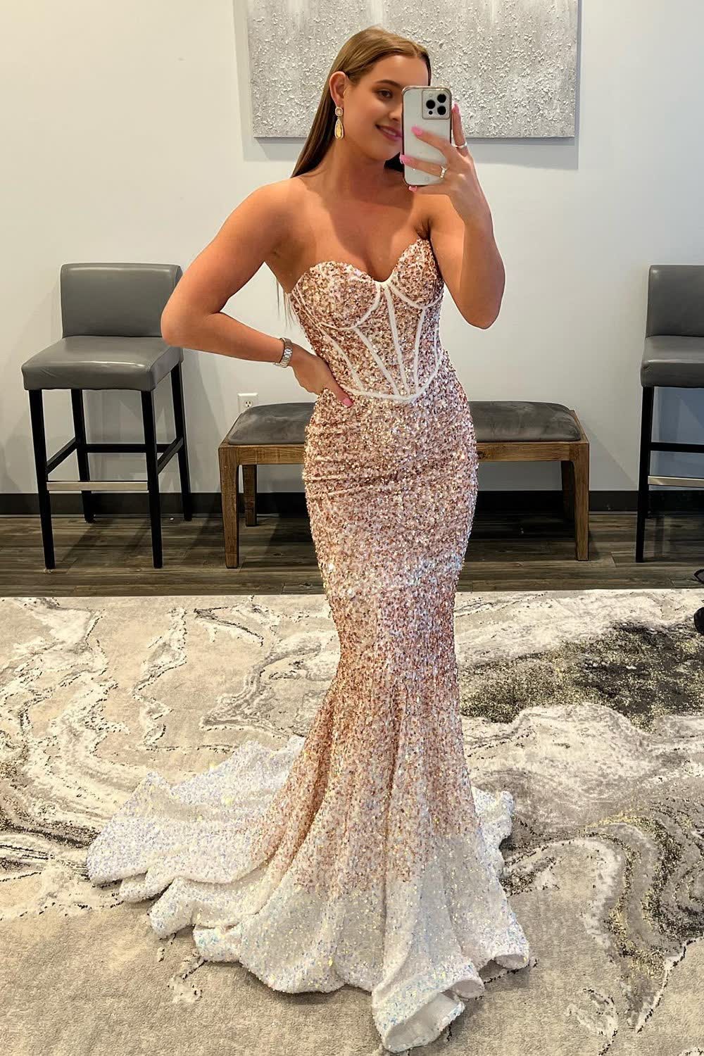Rose Gold Sparkly Sequins Mermaid Long Corset Prom Dress outfits, Rose Gold Sparkly Sequins Mermaid Long Prom Dress