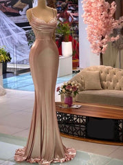 Sexy Rose Gold Mermaid Spaghetti Straps Maxi Long Corset Prom Dresses Online outfits, Prom Dresses Blue Lace