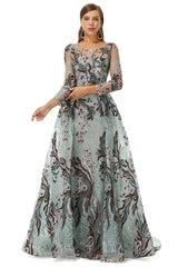 Round A-line Floor-length Long Sleeve Beading Appliques Lace Corset Prom Dresses outfit, Formal Dressing Style