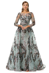 Round A-line Floor-length Long Sleeve Beading Appliques Lace Corset Prom Dresses outfit, Formal Dress Style