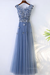 Round Neck Blue Lace Floral Long Corset Prom Dresses, Blue Lace Long Corset Formal Evening Dresses outfit, Silk Prom Dress