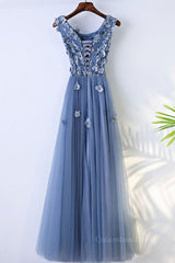 Round Neck Blue Lace Floral Long Corset Prom Dresses, Blue Lace Long Corset Formal Evening Dresses outfit, Night Club Outfit