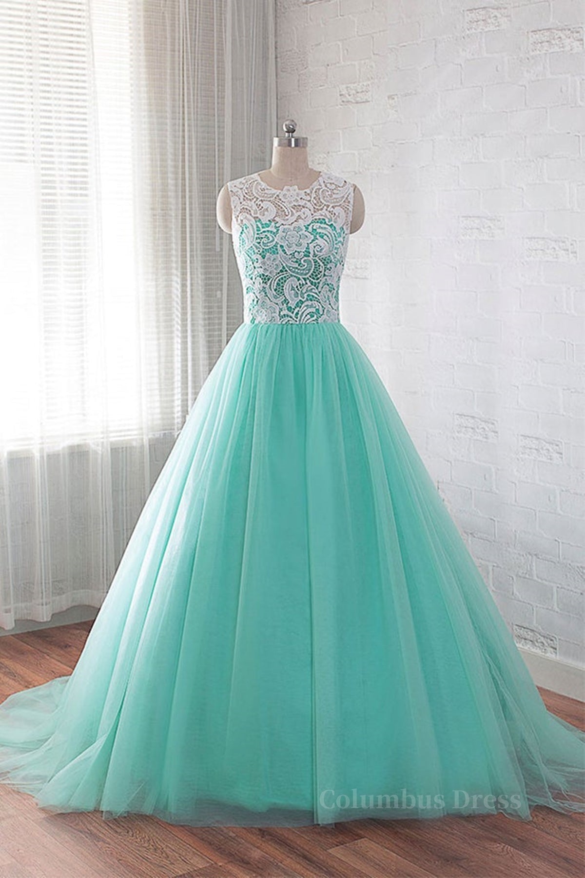 Round Neck Green Lace Tulle Long Corset Prom Dresses, Green Lace Corset Formal Dresses, Green Evening Dresses outfit, Formal Dresses Website