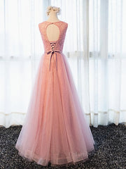 Round Neck Pink Beaded Long Corset Prom Dresses, Pink Long Corset Formal Evening Dresses outfit, Party Dress Cocktail