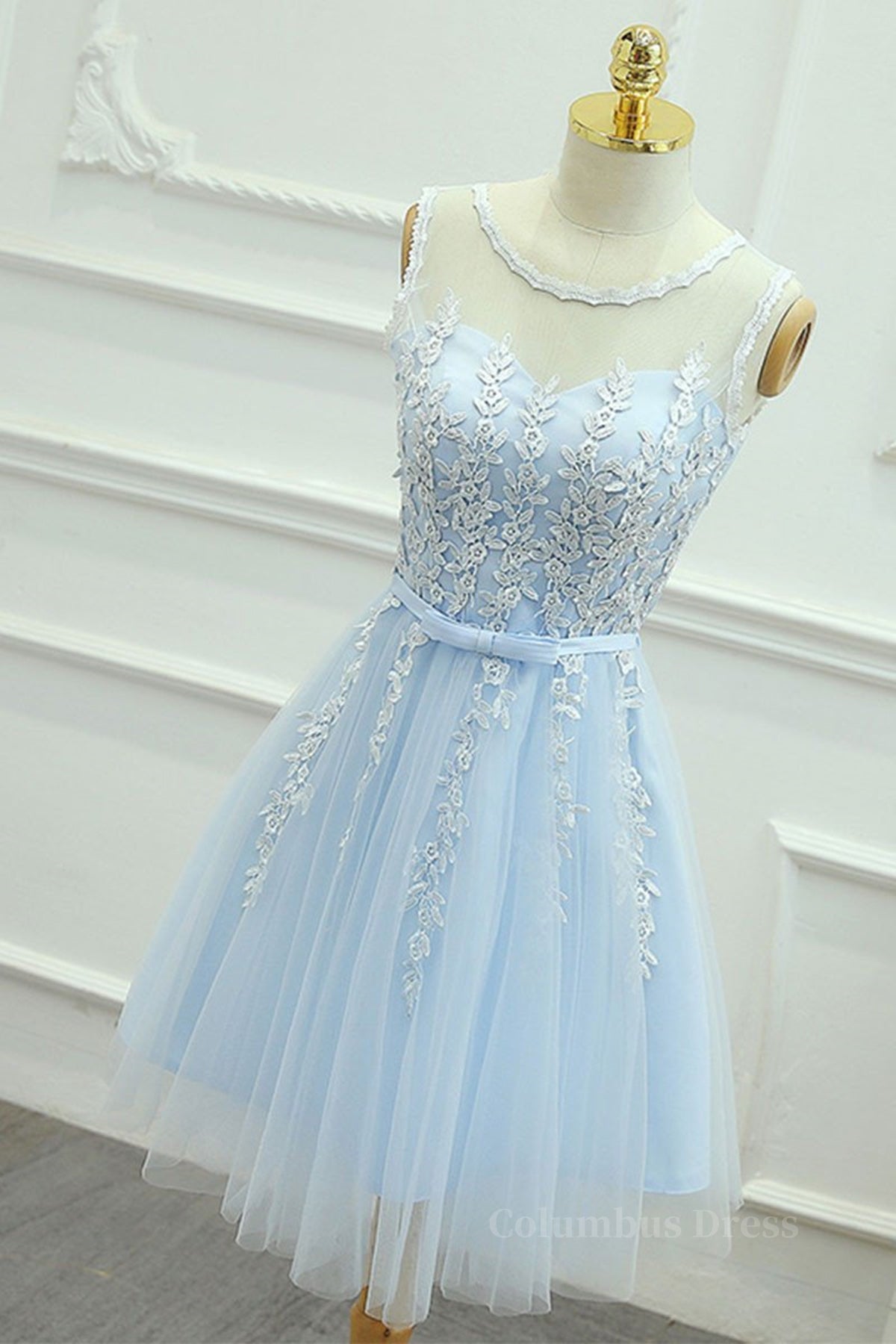 Round Neck Short Blue Lace Corset Prom Dresses, Short Blue Lace Corset Homecoming Graduation Dresses outfit, Party Dress Pattern