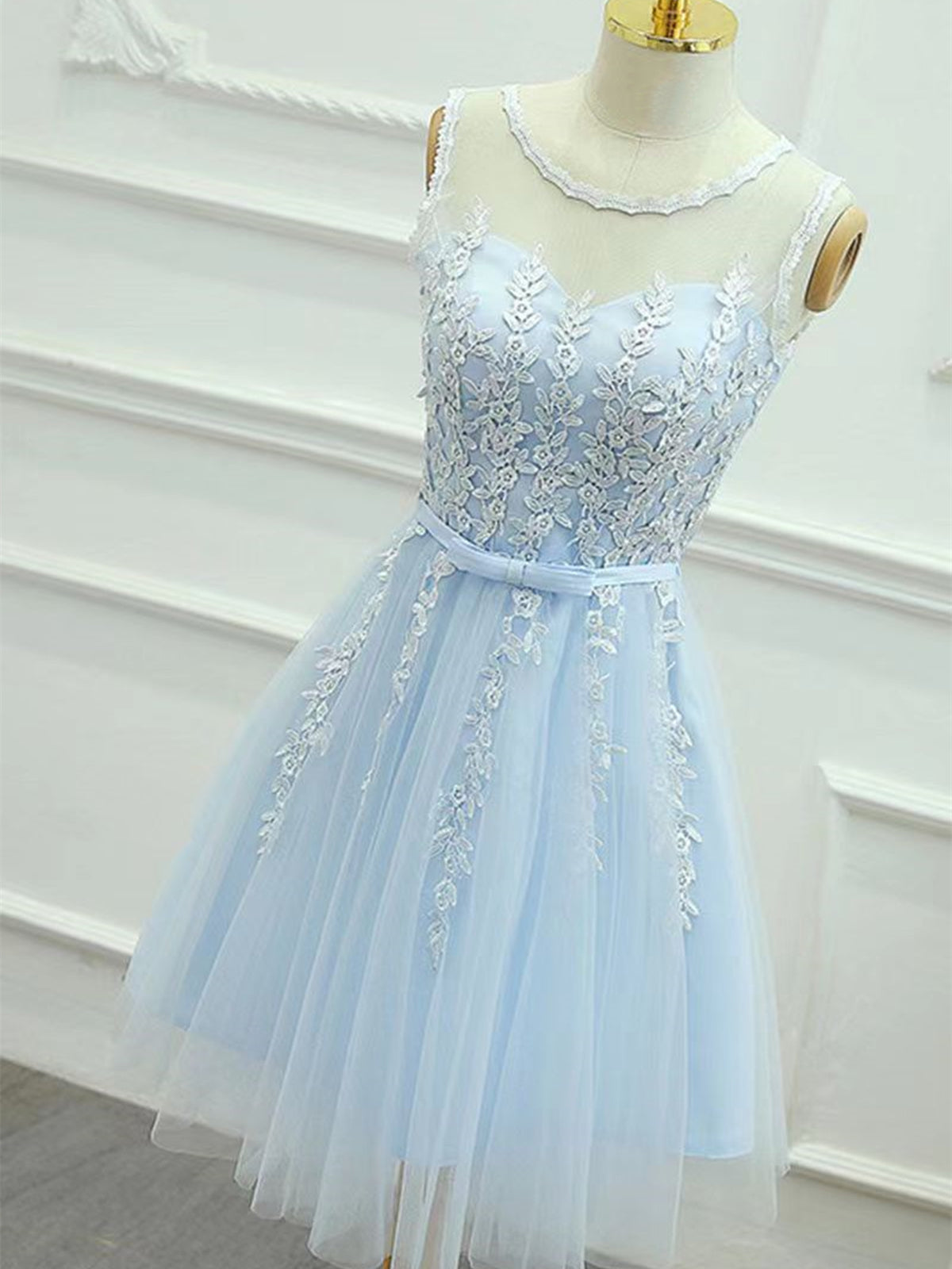 Round Neck Short Blue Lace Corset Prom Dresses, Short Light Blue Lace Corset Formal Graduation Dresses outfit, Fancy Outfit