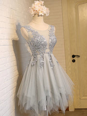 Round Neck Short Gray Lace Corset Prom Dresses, Short Grey Lace Corset Homecoming Dresses outfit, Party Dress Open Back