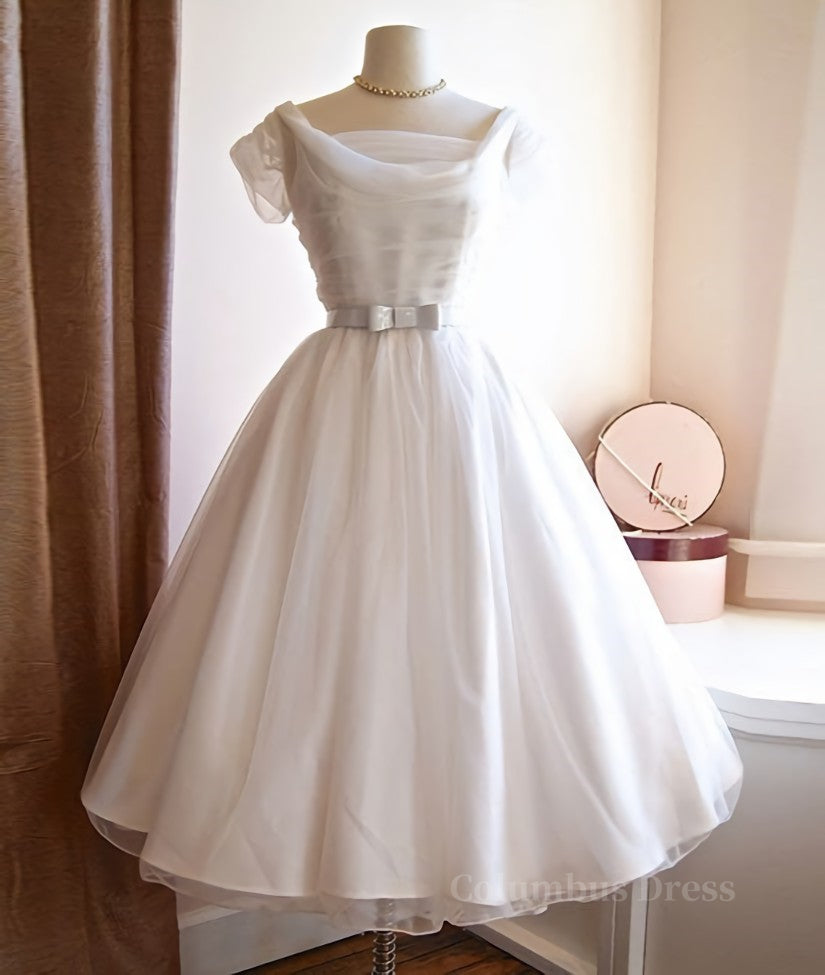 Round-Neck White Tulle Short Retro Corset Prom Dresses, Retro Corset Wedding Dresses outfit, Wedding Dress Long Sleeve