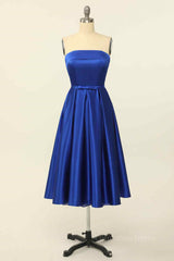 Royal Blue A-line Fold Strapless Lace-Up Back Satin Mini Corset Homecoming Dress outfit, Party Dress Patterns