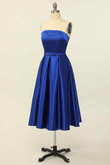 Royal Blue A-line Fold Strapless Lace-Up Back Satin Mini Corset Homecoming Dress outfit, Party Dress Quotesparty Dresses Wedding
