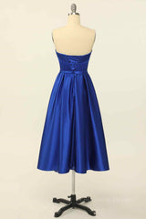 Royal Blue A-line Fold Strapless Lace-Up Back Satin Mini Corset Homecoming Dress outfit, Party Dress Jeans