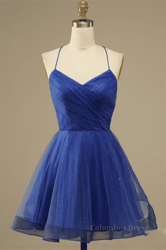 Royal Blue A-line Lace-Up Back Surplice Tulle Mini Corset Homecoming Dress outfit, Formal Dress Black Dress