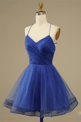 Royal Blue A-line Lace-Up Back Surplice Tulle Mini Corset Homecoming Dress outfit, Formal Dress Classy