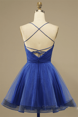 Royal Blue A-line Lace-Up Back Surplice Tulle Mini Corset Homecoming Dress outfit, Formal Dressed Long Gowns