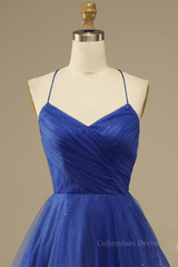 Royal Blue A-line Lace-Up Back Surplice Tulle Mini Corset Homecoming Dress outfit, Formal Dress Long Gown