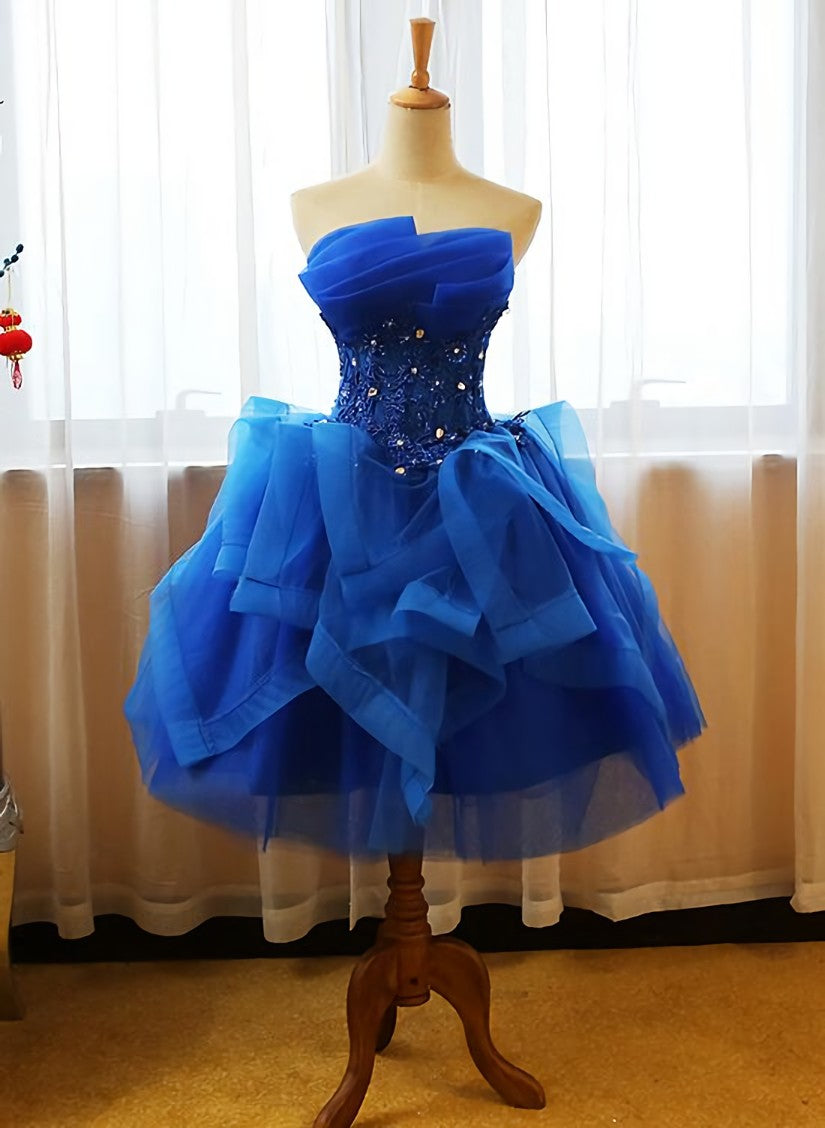 Royal Blue Knee Length Party Dress with Applique, Short Corset Prom Dress outfits, Prom Dress Long