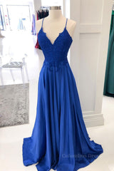 Royal blue lace satin long Corset Prom dress blue Corset Formal dress outfit, Homecoming Dresses Laces