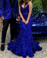 Royal Blue Long Sequin Corset Prom Dress outfits, Formal Dress Ideas