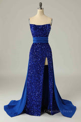 Royal Blue Mermaid Strapless Sequins Slit Long Corset Prom Dress outfits, Party Dress Christmas